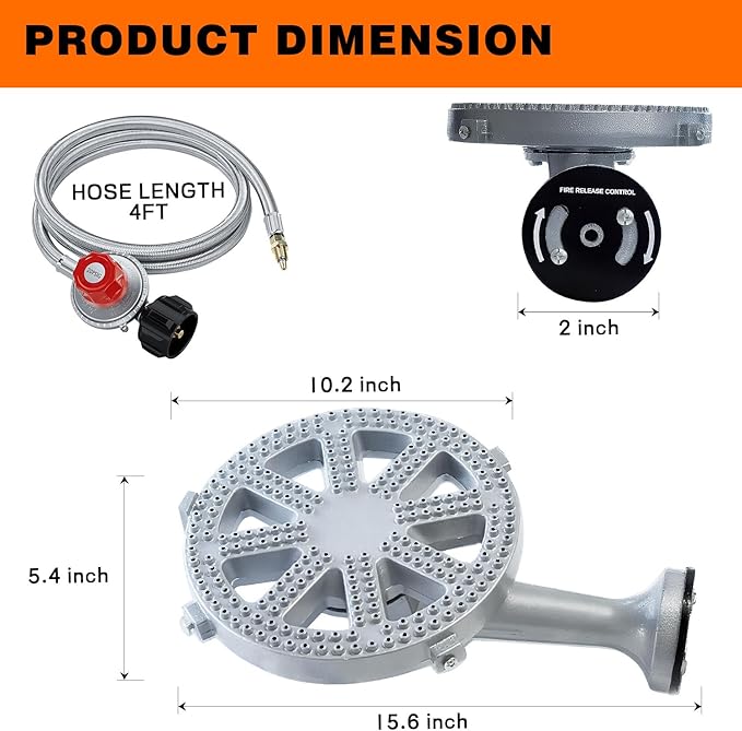 Veralune High-Pressure Cast-Iron Propane Burner Head Round Burner Head with 20 PSIG Adjustable Regulator, Hose & Brass Fittings for Turkey Fryer Burners, Outdoor Cooking, Camping