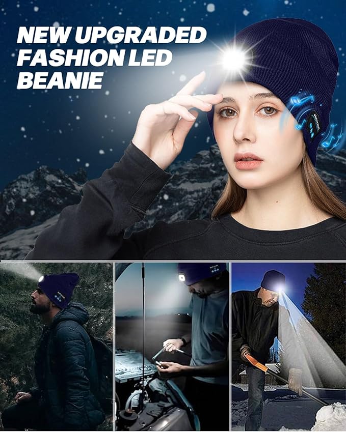 Bluetooth Beanie with Light, USB Rechargeable LED Headlamp Winter Hat, Men Women Valentine's Day Gifts
