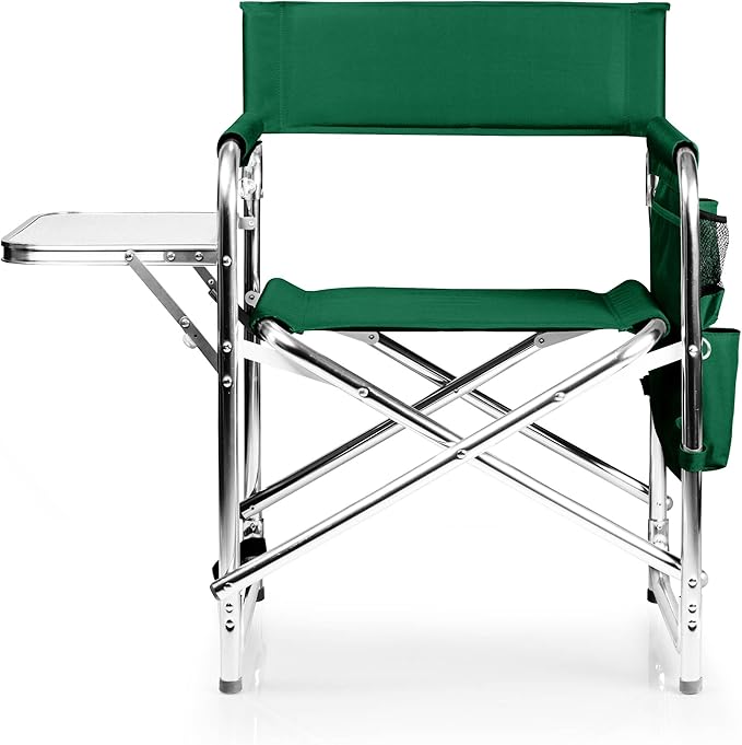 PICNIC TIME Sports Chair with Side Table and Armrest Caddy, Lightweight Aluminum Folding Outdoor Camping Chair for Adults, Portable Director Style Lawn Seating with Pockets & Strap, (Hunter Green)