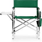 PICNIC TIME Sports Chair with Side Table and Armrest Caddy, Lightweight Aluminum Folding Outdoor Camping Chair for Adults, Portable Director Style Lawn Seating with Pockets & Strap, (Hunter Green)