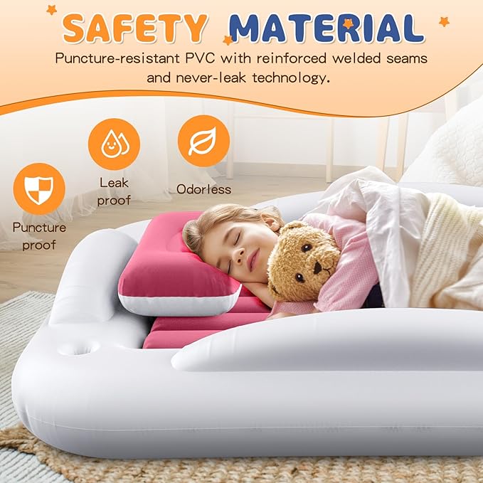 Inflatable Toddler Travel Bed - Portable Toddler Kids Travel Bed with Safety Sides Complete Kids Air Mattress Set with High-Speed Pump, Ideal for Vacation Camping and Sleepover (60 Inches)