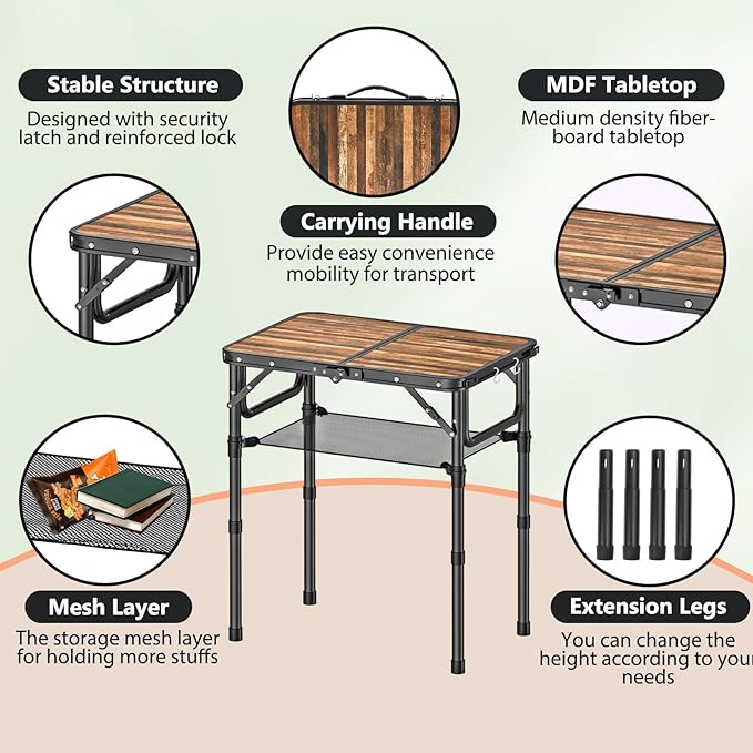 Folding Picnic Table with Storage Net, 3 Adjustable Heights Aluminum Small Folding Table, Lightweight, Portable Carrying Handle, for Camping Travel Outdoor