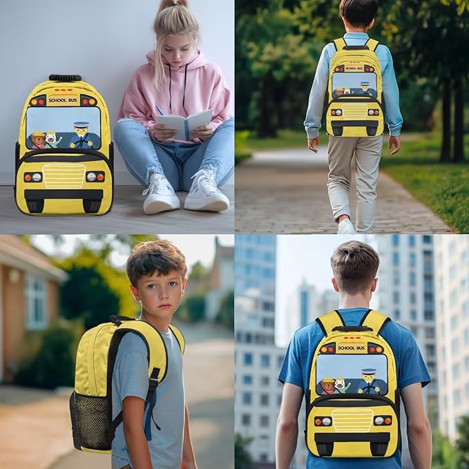 School Bus Backpack and Lunch Box Cool Kids Backpack Lightweight Portable Bookbag and Lunch Box Set for Boys 4pcs School Bag for Boys 6-7 Outdoor Travel Daypack Hiking Camping