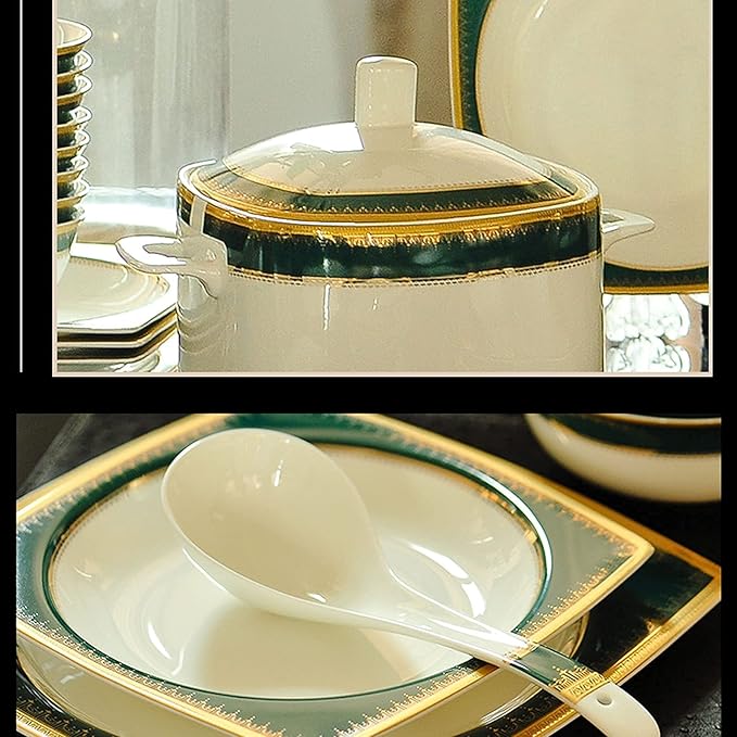 Square Stoneware Tableware Set 58-Piece Phnom Penh Bone China Porcelain Tableware Set, Service for 6-10, Green
