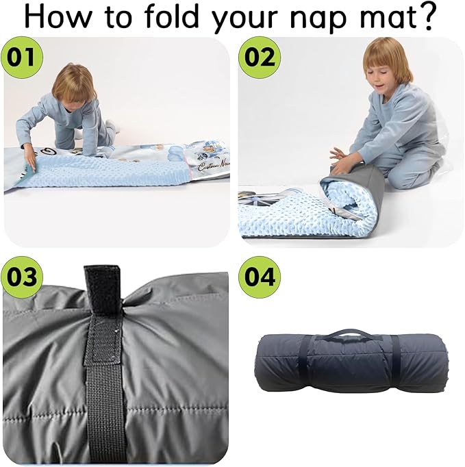 Personalized Toddler Nap Mats for Preschool, Custom Name Kids Sleeping Bag for Daycare, Roll Up Sleeping Mat with Removable Pillow and Soft Dot Minky Blanke for Boys Camping Travel