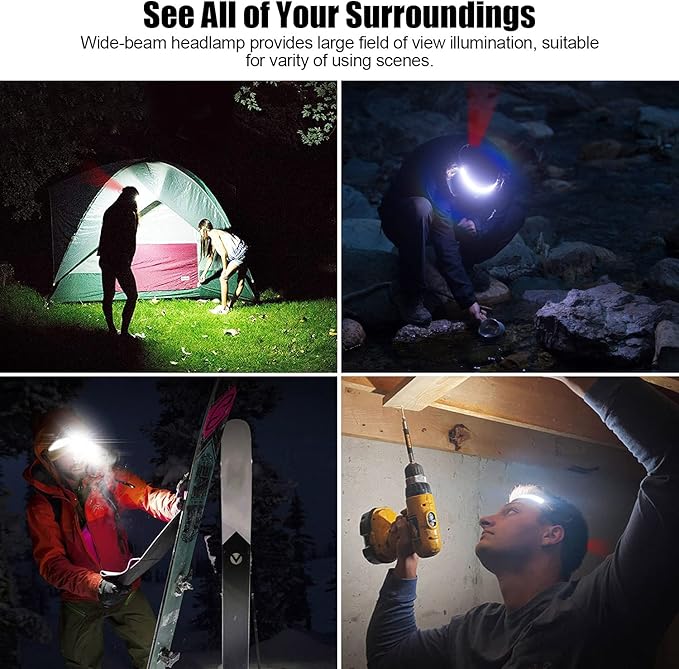 LED Rechargeable Headlamp, 1000lumens 230° Widebeam Headlight, USB Rechargeable Head Lamp with Red Taillight, Lightweight Waterproof Headlamps for Camping Running Hiking, Hard Hat Headlamp