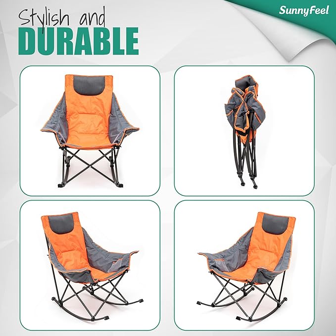 SUNNYFEEL Oversized Rocking Camping Chair 2 Pack, Fully Padded Patio Chair with Side Pocket, High Back Portable Lawn Recliner with Carry Bag, Outdoor Rocker Camp Chairs for Adults Heavy Duty 500 LBS