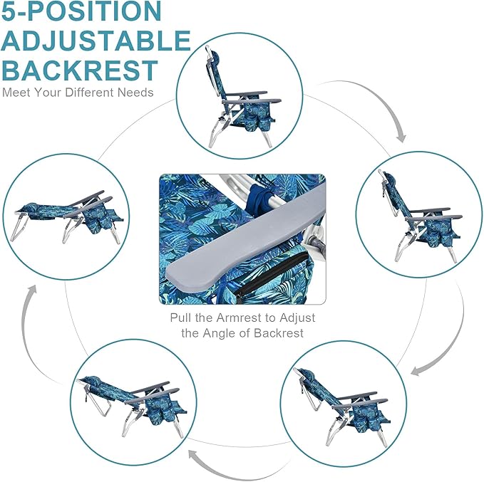 COSTWAY Backpack Beach Chairs, 2-Pack Portable Camping Chairs with Cup Holder, Ice Bag, 5-Position Outdoor Reclining Chairs for Adults, Travel, Sunbathing, Support 300 LBS, Navy
