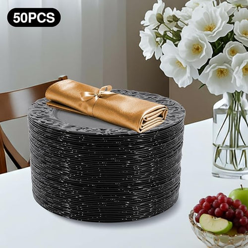 50 Pcs Black Charger Plates Bulk, 13" Round Dinner Charger Plates, Decorative Plastic Embossed Table Chargers for Wedding Holiday Party Baby Shower Event Decoration (Black)