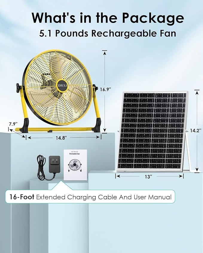 ZHULI 14" Solar Fan, Portable Battery Operated Floor Fan, Rechargeable Cordless Camping Fan, 30W Solar Panel, Hi-Velocity Brushless Motor, Metal Blade, USB Phone Charge, 8~60H Runtime, Quiet, Wireless