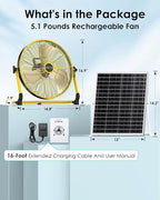 ZHULI 14" Solar Fan, Portable Battery Operated Floor Fan, Rechargeable Cordless Camping Fan, 30W Solar Panel, Hi-Velocity Brushless Motor, Metal Blade, USB Phone Charge, 8~60H Runtime, Quiet, Wireless
