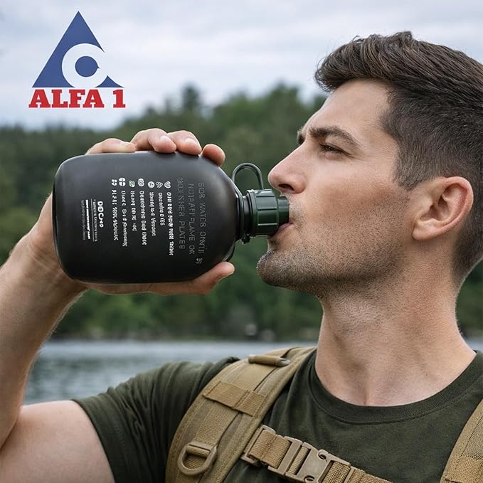 ALFA1 OD GI Military Water Filter Canteen 1 Quart/32oz | Built-in Nano Filter | Improves Taste & Odor | Leak Proof BPA-Free Plastic | Camping, Hiking, Backpacking, Outdoor & Travel