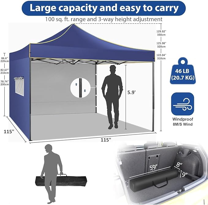 COBIZI Pop Up Canopy Heavy Duty Sidewalls, Commercial Heavy Duty Pop Up Tent for Parties All Weather Waterproof and UV 50+ Wedding Tent with Roller Bag (Deep Blue - 10x10FT)