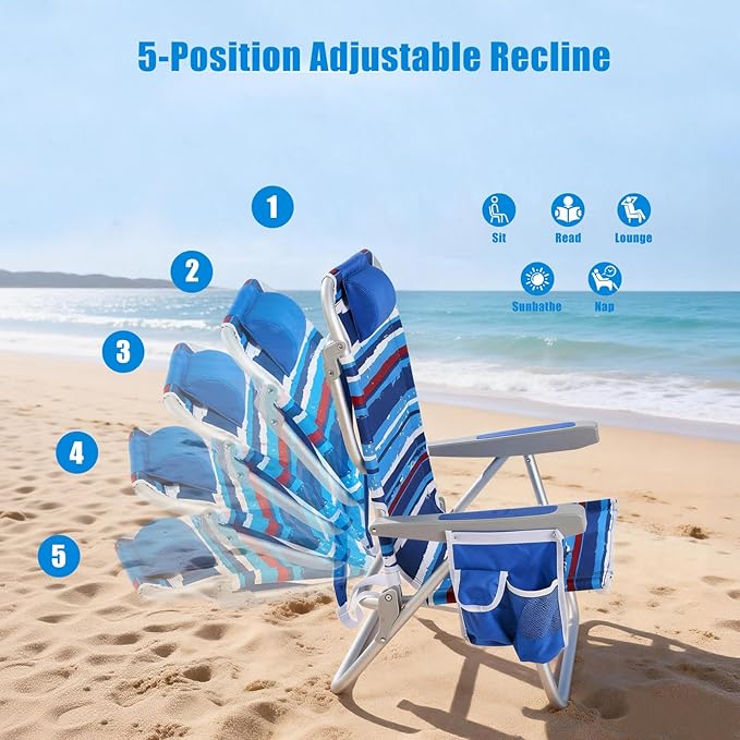 SUNNYFEEL Beach Chairs for Adults 2 Pack 5 Position Lay Flat, Portable Folding Backpack Beach Chair Heavy Duty with Cooler Bag, Cup Holder for Outdoor/Lawn/Picnic, Foldable Camping Chair