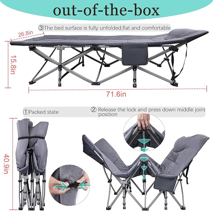 KAKO Folding Camping Cot, Heavy Duty 600 Lbs Portable Bed for Adults, Camping Beds with Carry Bag, Grey