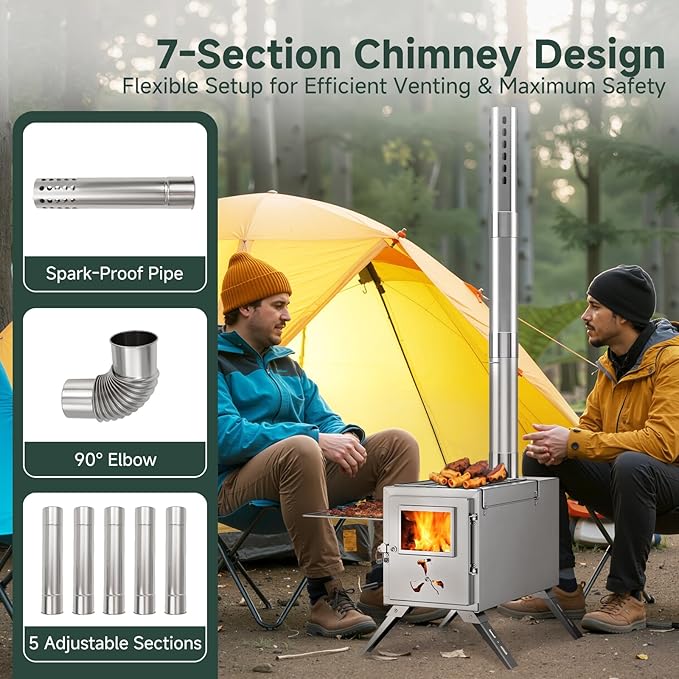 H&ZT Hot Tent Stove, Portable Wood Burning Stove with 7 Chimney Pipes, Ideal for Camping, Cooking & Winter Heating