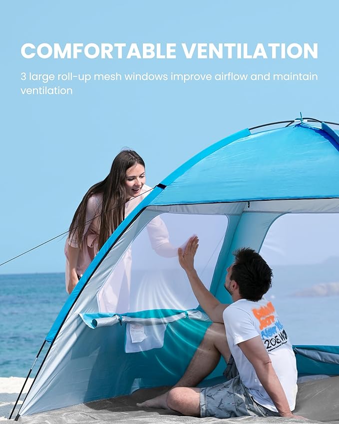 OutdoorMaster Beach Tent for 3/4/6/8 Person - Easy Setup Sun Shade Shelter, Portable Beach Shade Sun Canopy with UPF 50+ UV Protection, Removable Skylight Family Size