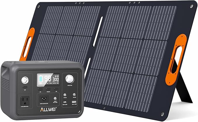 ALLWEI Solar Generator with Panels Included - 300W/256Wh LiFePO4 Battery Portable Power Station with 100W Solar Panel, Solar Powered Bank Generator for Camping,Home Use, Power Outage