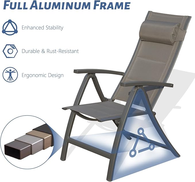 Domi Patio Outdoor Sling Chairs Set of 2 with Moveable Headrest, Folding Chairs Outdoor Reclining Camping Chairs with Armrest Adjustable High Backrest and Padded Textilene Fabric Seat
