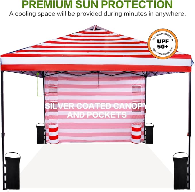10'x10' Pop Up Canopy Tent with 1 Sidewall and 6 Pockets, One Push Setup, Instant Shade Tent with Vented Roof for Beach Patio Outdoor, Case, 8 Stakes, 4 Ropes, 4 Sandbags (Flag, 10x10)