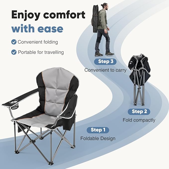 DUMOS Folding Camping Chairs, Outdoor Collapsible Padded Chairs with Cup Holder & Cooler Bag, Heavy Duty Portable Camping Chair for Garden Beach Fishing Sports, Blue