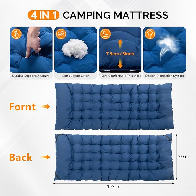VINGLI Folding Camping Cot Bed,Camping Cots for Adults with Mattress, Foldable Cots for Sleeping with Pillow 1200D Layer Oxford for for Guest,Travel,Hiking-Blue 1P