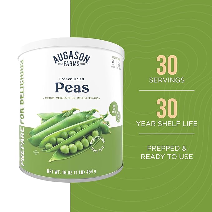Augason Farms Freeze-Dried Peas Emergency Food Supply, 30 Servings, 30 Year Shelf Life, Great for Cooking, Side Dishes, and Snacks - Dehydrated Meals, Survival Food Camping Essentials Can