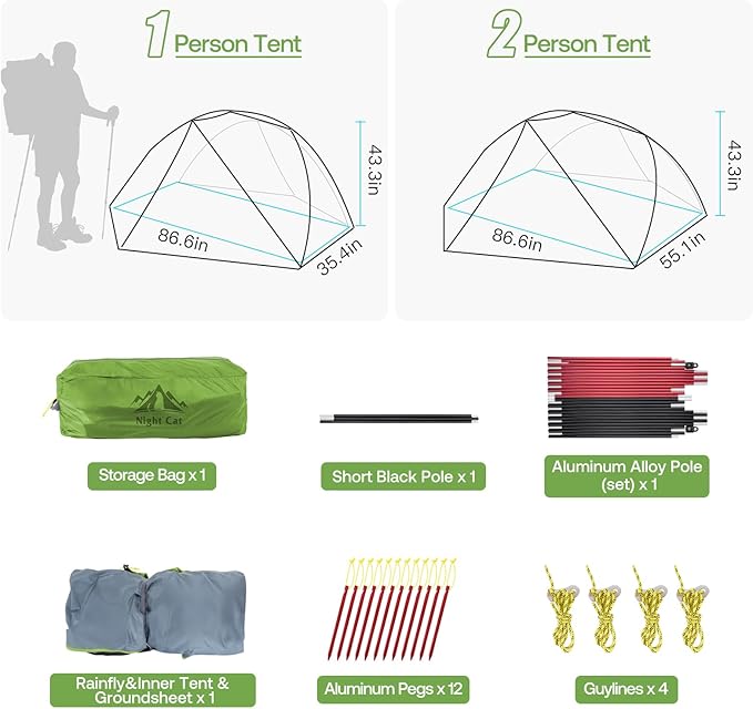 Night Cat Ultralight Backpacking Tent: Waterproof Lightweight Two People Camping Tent for Outdoor Hiking Trekking with Double Layers Aluminum Poles and Footprint