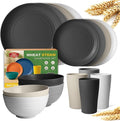 Teivio 16-Piece Kitchen Plastic Wheat Straw Dinnerware Set, Service for 4, Dinner Plates, Dessert Plate, Cereal Bowls, Cups, Unbreakable Plastic Outdoor Camping Dishes, Stone