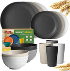 Teivio 16-Piece Kitchen Plastic Wheat Straw Dinnerware Set, Service for 4, Dinner Plates, Dessert Plate, Cereal Bowls, Cups, Unbreakable Plastic Outdoor Camping Dishes, Stone