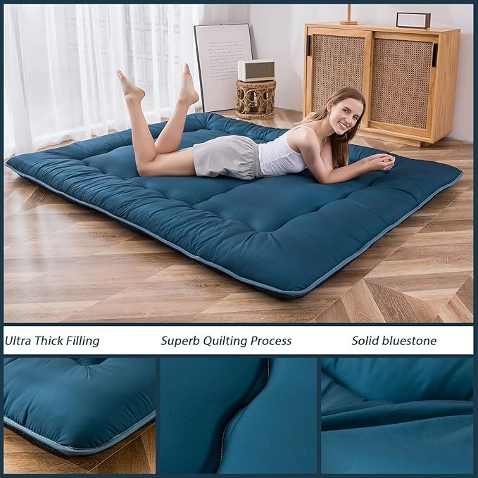 MAXYOYO Japanese Floor Mattress Futon Mattress, Thicken Sleeping Pad Foldable Roll Up Floor Futon for Adults Tatami Mat Dormitory Bed Lounger, Bluestone, Queen Size