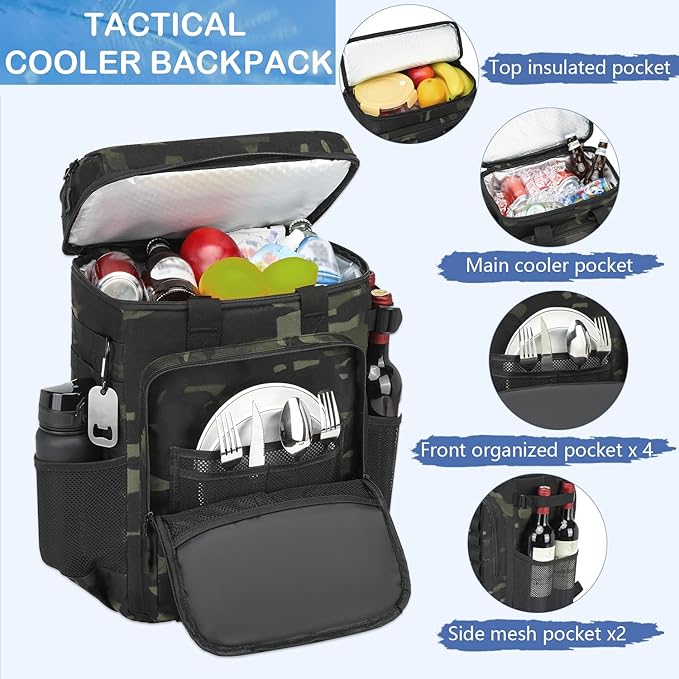 Tactical Cooler Backpack - 42 Cans Backpack Coolers Insulated Leak Proof for Men Adults, Soft Cooler Insulated Backpack for Lunch, Work, Camping, Hiking, Picnic, Beach & Travel