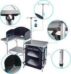 Folding Cooking Table Outdoor Portable Cook Station Aluminum Camping Kitchen with Storage Organizer, Windscreen, Hooks for BBQ, Party (Black)