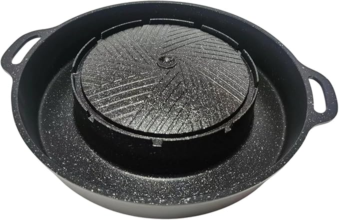 Round Grill Pan 2 in 1 Hotpot and Grill Barbecue Griddle Outdoor Barbecue Meat Tray Hot Pot BBQ Stoves for Travel Home Camping, S