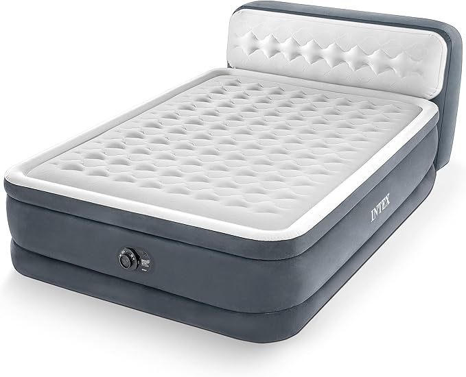 Intex 64447ED Dura-Beam Deluxe Ultra Plush Air Mattress with Headboard: Fiber-Tech – Queen Size – Built-in Electric Pump – 18in Bed Height – 600lb Weight Capacity