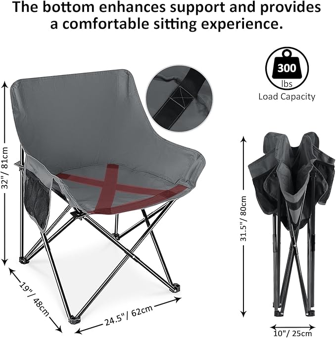 Leonyo Portable Camping Chairs for Adults, 2 Pcs Oversized Lawn Chair with Folding Camping Table for Beach, Picnic, Outdoor Sports, Fishing, Rv Travel – Grey