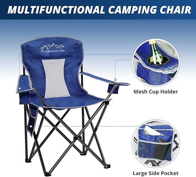 2PCS SAILARY Mesh Folding Camping Chairs, Oversized Portable Outdoor Chairs, Weight Capacity 325 lbs with Cup Holder, Storage Pocket, Carry Bag Blue