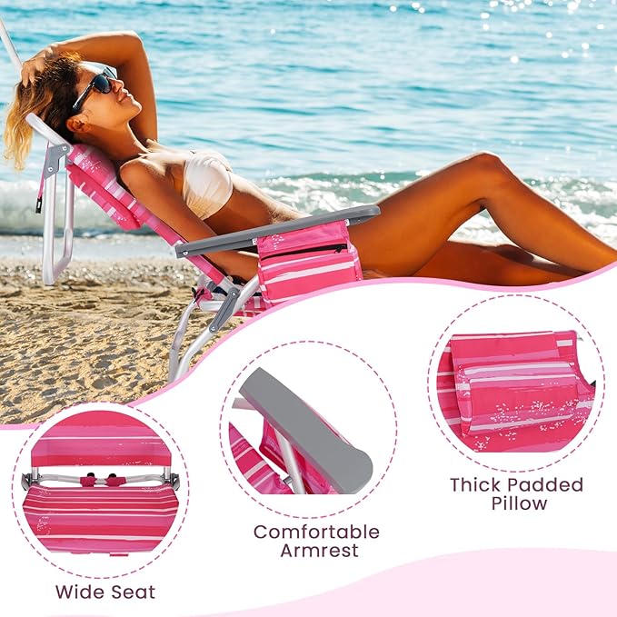 Goplus Beach Chair, Folding Backpack Beach Chairs for Adults with 5 Positions, Head Pillow, Cooler Bag, Towel Bar, Cup Holders, Sunbath Sling Tanning Lounge, Foldable Layout Camping Chairs