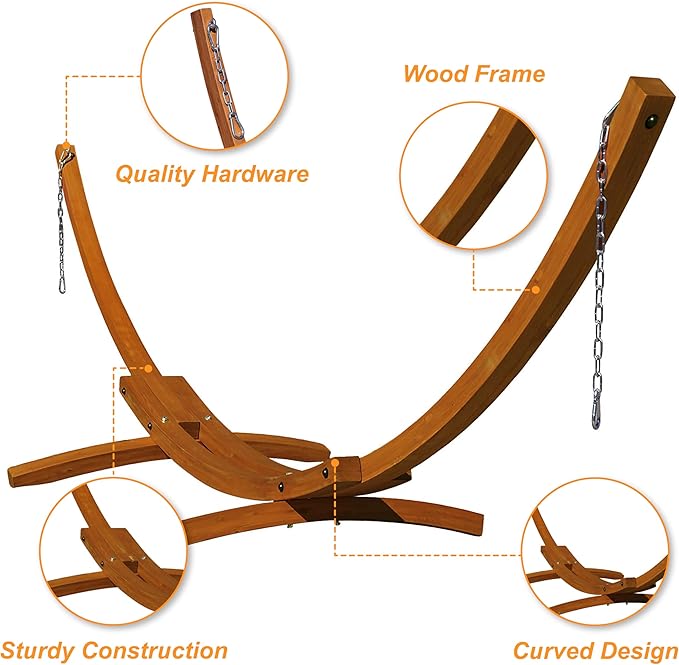 Lazy Daze Hammocks 13 FT Outdoor Arc Wood Hammock Stand, 2 Person Hard Pine Wood Hammock Stand with Carabiners and Chains for Indoor Outdoor Patio Garden Yard Poolside, 500lb Capacity, Brown