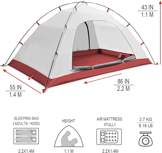 KAZOO 2／4 Person Camping Tent Outdoor Waterproof Family Large Tents 2/4 People Easy Setup Tent with Porch Double Layer | Outdoor, Waterproof, Family, Large, Tents, Easy Setup