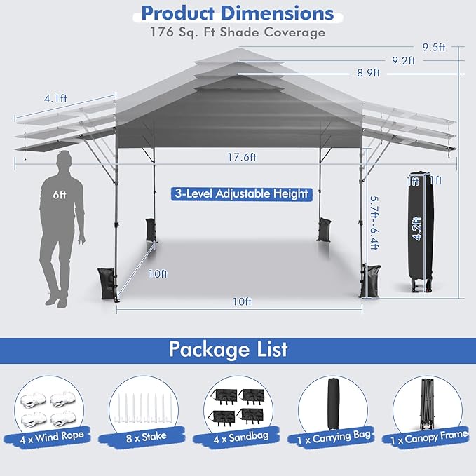 Tangkula 10x17.6 Ft Pop Up Canopy with Adjustable Dual Awnings, 2 Tier Outdoor Canopy Tent with 8 Stakes, 4 Ropes, 4 Sand Bags, Wheeled Bag, Easy Setup Instant Tent for Patio, Market, Picnic