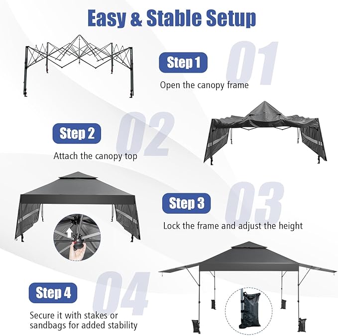 HAPPYGRILL Pop Up Canopy with Dual Awnings 10x17.6 FT, Outdoor Gazebo Shelter with Portable Wheeled Carrying Bag, Easy Setup Instant Tent for Patio Camping Picnic (Grey)