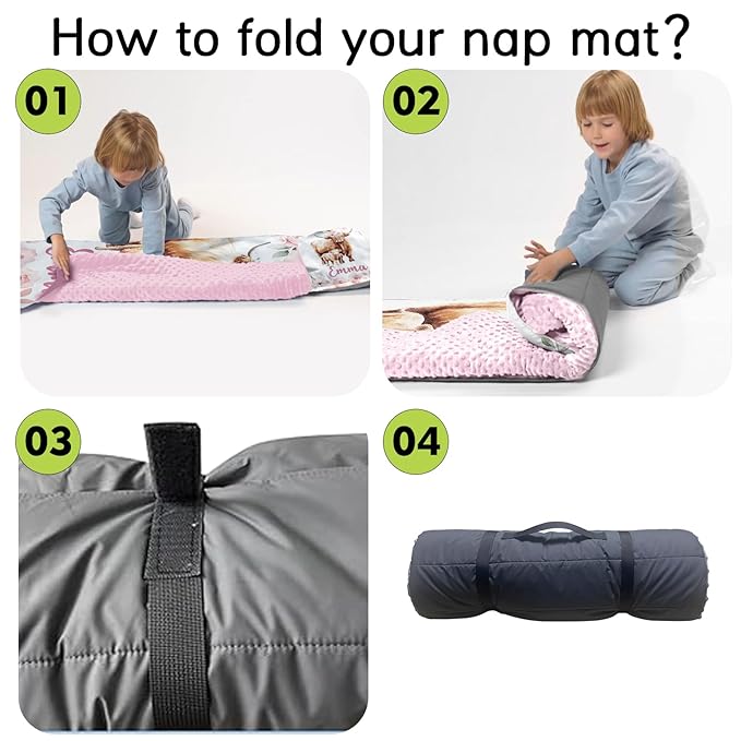Custom Toddler Nap Mat for Preschool, Personalized Name Highland Cow Design Kids Sleeping Bag for Daycare, Roll Up Sleeping Mat with Removable Pillow and Soft Dot Minky Blanke for Girls Camping