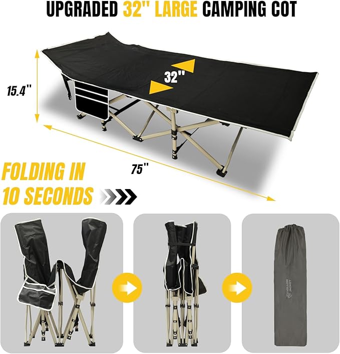YELLOW JACKET Camping Cot with Mattress for Adults, Upgraded 32" Wide Folding Sleeping Cot, Portable Camping Cot with Carry Bag, Cot for Camping 600lbs Max Load, Home,Office,Travel