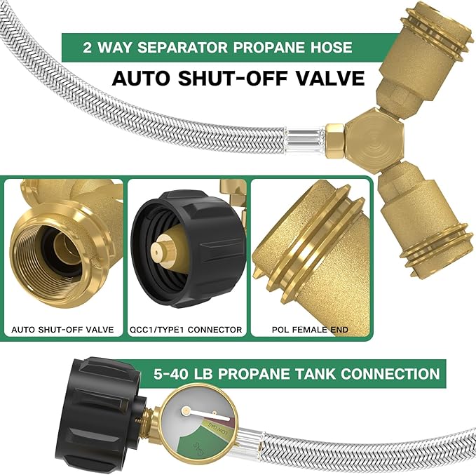 GardenNow 12FT Propane Hose with Propane Splitter 2 Way, Propane Y Splitter Adapter with Shut Off Valve, Two Way LP Gas Adapter Tee Connector for 20lb Propane Tank, Heater, Camping Stove, Gas Burners
