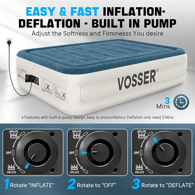 Queen Air Mattress with Built-in Pump,18''Fast & Easy Inflation/Deflation Inflatable Mattress, Foldable Blow Up Mattress with Storage Bag, Inflatable Bed for Home, Camping & Guests