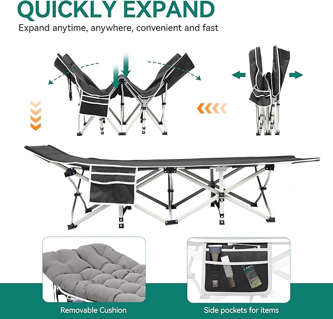 YITAHOME 2PCS Camping Cots w/Mattress Portable Lounge Chair Outdoor Folding Cot Heavy Duty 575 LB Capacity 1200D Oxford w/Carry Bag Travel Camp Bed for Camping, Office, Traveling, Grey