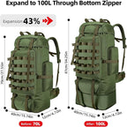 70L/100L Camping Hiking Backpack with Rain Cover, Expandable Large Military Tactical Backpack, Waterproof Molle Racksack Travel Backpacking Daypack for Climbing Trekking (Green)