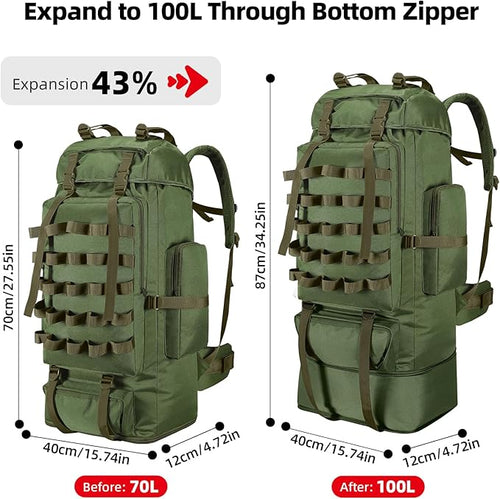 70L/100L Camping Hiking Backpack with Rain Cover, Expandable Large Military Tactical Backpack, Waterproof Molle Racksack Travel Backpacking Daypack for Climbing Trekking (Green)