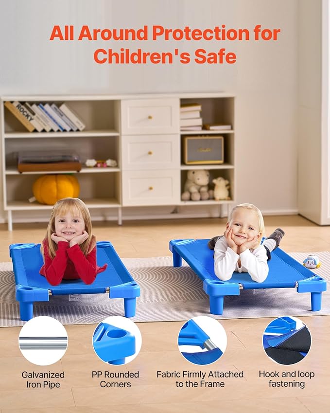 VEVOR Stackable Kiddie Cot, Pack of 4, Portable Toddler Nap Cots, Standard Size 52" L x 23" W Daycare Cots for Kids, Preschool Classroom Daycare Beds for Sleeping, Resting, Naptime, Blue